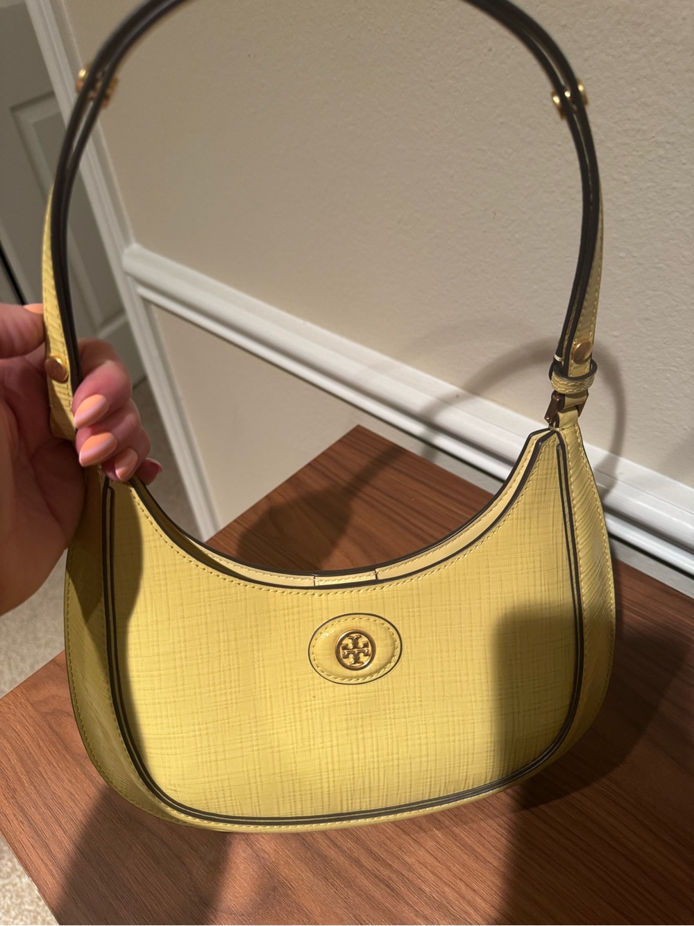 Tory Burch Lemon Yellow Crescent Mini Shoulder Bag with Logo Medallion